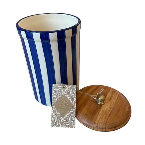Blue & Cream Hand Painted Striped Ceramic Canister Set of 3  Made in India NEW - Picture 7 of 16